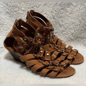 Tory Burch Gladiator Leather Lace Up Heel Sandal Brown Women's Size 6.5 M